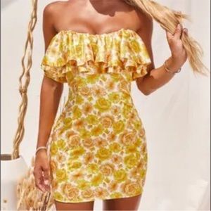 NWT Oh Polly Strapless Ruffle Satin Mini Dress in Lemon, US 0